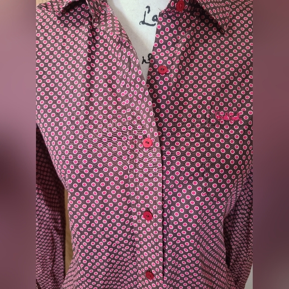 Cruel Girl Brown Pink Polka Dot Pinup Retro Button Up Western Shirt - Picture 2 of 4